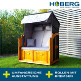 Hoberg 2-Sitzer-Strandkorb (Ostsee) grau/braun, robust mit Hartholz, PE-Geflecht, verstellbar, mit Nackenrollen und Fußbänken.