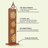 MAXXMEE LED-Dekostele Rost-Optik 77cm mit Blütenmuster, Kerzen-Design, 15 LEDs, wetterbeständig, batteriebetrieben, inkl. Timerfunktion