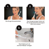 MAXXMEE Zungenreiniger weiß/mint mit Dual Frequency Ultraschall-Technologie, Anwendung: Zunge reinigen und Gerät mit Wasser säubern.