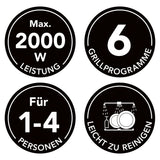 MAXXMEE Kontakt-Grill mit 6 Programmen - 2000W, für 1-4 Personen, 6 Grillprogramme, 2000W Leistung, leicht zu reinigen.