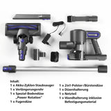 CLEANmaxx Akku-Zyklon-Staubsauger anthrazit/blau mit 3-fach-Filter, Power Rotation Bodendüse und Zubehör, kabellos und vielseitig einsetzbar.