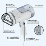 MAXXMEE Dampfbürste weiß/grau mit Edelstahl-Dampfplatte, Bürstenaufsatz, abnehmbarem Wassertank und klappbarem Design für vertikalen Dampfstoß.