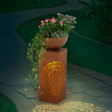 EASYmaxx LED-Dekosäule mit Planzschale Rost-Optik Mandala, 59 cm, beleuchtet mit Mandala-Design und integriertem Timer, ideal für Terrasse und Balkon.