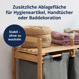 LUMALAND Bambus Wäschekorb mit 2 ausziehbaren Wäschesäcken, stabile Ablagefläche für Handtücher und Baddekoration in Dunkelgrau.