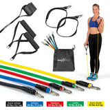 MAXXMEE Trainings-Set Fitness-Bänder 11-tlg. mehrfarbig mit Griffen, Knöchelbändern und Türanker für vielseitiges Training.