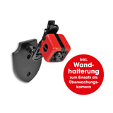 EASYmaxx Mini-Kamera 3,7V rot/schwarz mit 8GB Speicherkarte und Wandhalterung für vielseitige Überwachungszwecke.