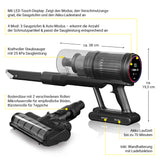 N8WERK Akku-Staubsauger mit Touch Display, 25 kPa Saugleistung, automatischer Schmutzerkennung, 70 Min. Laufzeit und Bodendüse mit Rollen.