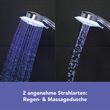 EASYmaxx Duschkopf LED mit bunter Duschzeitanzeige, Regen- und Massagedusche, verchromt, wasserkraftbetriebener LED-Duschkopf.