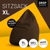 LUMALAND Luxury XL Sitzsack stylischer Beanbag Braun mit 120L Füllung, Drop Shape, Micro-Velours Look, ideal für Indoor-Bereich.