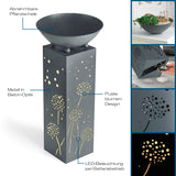 Hoberg LED Pflanzsäule in Beton-Optik mit Pusteblumen-Design, abnehmbarer Pflanzschale und batteriebetriebener LED-Beleuchtung.