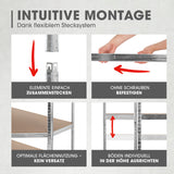 EASYmaxx Schwerlast-Eckregal & Werkbank, Metall-Stecksystem ohne Schrauben, 5 MDF-Platten, belastbar bis 875 kg, flexible Montage.