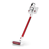 CLEANmaxx Akku-Zyklon-Staubsauger Pro 22,2 Volt in weiß/rot mit langer Akkulaufzeit und rotierender Mikrofaserdüse mit LED-Beleuchtung.