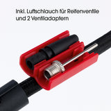 EASYmaxx Akku-Handkompressor mit LED-Beleuchtung - Luftschlauch für Reifenventile und 2 Ventiladapter in rot und schwarz.