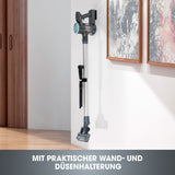 CLEANmaxx Akku-Hand- & Bodenstaubsauger anthrazit/hellblau mit Wandhalterung und Zubehör für kabelloses Reinigen.