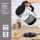 GOURMETmaxx Glas-Wasserkocher LED 1,7l schwarz matt mit kabellosem Behälter, 360° drehbarem Sockel und Antikalkfilter beim Ausgießen.