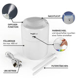 MAXXMEE Diffuser mit LED-Farbwechsel und Nachtlicht-Funktion, 400 ml, beidseitiger Nebelausstoß, USB-Betrieb, Farbwechsel einstellbar.