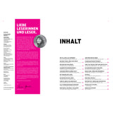 Zeitschriftenstrecke mit einer Willkommensnachricht auf Pink, einem Graustufenfoto einer Frau und einem Inhaltsverzeichnis mit dem Titel INHALT.