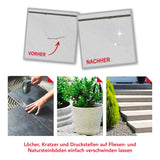 EASYmaxx Reparatur-Set Fliesen & Steinböden - 16-tlg. zeigt Vorher-Nachher Reparatur kleiner Schäden auf keramischen Oberflächen.
