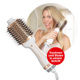 VITALmaxx Heißluft-Stylingbürste föhnt, bürstet und wellt Haare mit 3 Temperaturstufen und 360°-Drehgelenk für flexibles Styling.