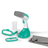 CLEANmaxx Dampfbürste 1200W Mint/Weiß mit Messbecher, Bürstenaufsätzen und Aufbewahrungsbeutel, ideal für Reisen und Textilpflege.