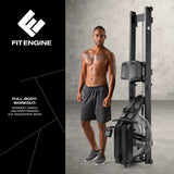 FitEngine klappbares Wasser-Rudergerät 2.0 - Black mit stabilem Eschenholzrahmen und integriertem Trainingsmonitor für effizientes Home-Gym Workout.