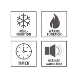 Symbole für Kühlfunktion, Wärmefunktion, Timer und geringe Lautstärke des EASYmaxx Luftkühler mit Heizfunktion - 650W - weiß.