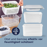 GOURMETmaxx Frischhaltedosen für Kühlschrank mit Abtropfsieb schützen Obst und Gemüse effektiv vor Feuchtigkeit.