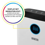 N8WERK HEPA H14 Luftreiniger L mit Display und Indikatorlicht zur Anzeige der Feinstaubkonzentration (PM 2,5) in Blau.