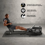 FitEngine klappbares Wasser-Rudergerät 2.0 - Black mit Kinomap Wireless, Power-Workout und Herz-Kreislauf-Training.