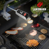 LANDMANN LED-Grilllampe mit flexiblem Schwanenhals und Clipbefestigung beleuchtet den Grillrost auch bei Dunkelheit stromsparend.