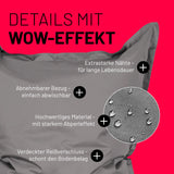 LUMALAND Sitzsack Classic XXL (380 L) Grau mit abnehmbarem Bezug, starkem Abperleffekt, verdecktem Reißverschluss und extrastarken Nähten.