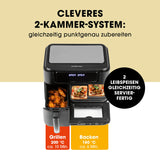 GOURMETmaxx 4-in-1-Heißluftfritteuse mit 2-Kammer-System zum gleichzeitigen Grillen und Backen bei unterschiedlichen Temperaturen.