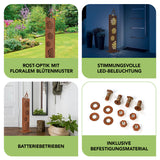 MAXXMEE LED-Dekostele Rost-Optik mit Blütenmuster und Kerzen-Design, 77cm, batteriebetrieben, mit Timer und wetterbeständigem IP44.