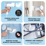 MAXXMEE Dampfbürste - vertikaler Dampfstoß max. 22 g/min, kompakt, für Falten, Schmutz, Bakterien, inkl. Transporttasche, weiß/grau.