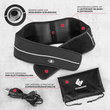 FitEngine EMS Bauchmuskelgürtel schwarz mit 4 leitfähigen Elektroden, 6 Modi, 9 Intensitätsstufen, USB-Ladekabel und Aufbewahrungstasche.