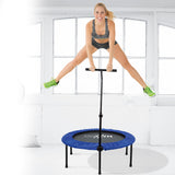 MAXXMEE Fitness Trampolin mit höhenverstellbarer Haltestange in blau/schwarz, fördert Ausdauer und Muskelkraft, belastbar bis 100 kg.