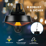 Hoberg Infrarot-Deckenheizstrahler mit robustem Stahlgehäuse, 3 Heizstufen, Karabinerhaken und 50 cm Aufhängungskette.