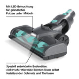 CLEANmaxx Akku-Zyklon-Staubsauger mit LED-Beleuchtung und elektrischer Bodendüse für gründliche Reinigung unter Möbeln.