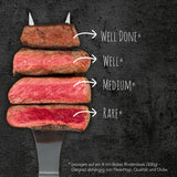 MAXXMEE Kontakt-Grill mit 6 Programmen zeigt verschiedene Garstufen von Rindersteak von rare bis well done auf schwarzem Hintergrund.