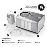 MAXXMEE Eismaschine aus Edelstahl mit Kompressor, LCD-Display, Timer und leicht zu reinigendem entnehmbarem Eisbehälter und Zubehör.