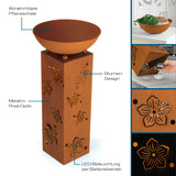 Hoberg LED Pflanzsäule "Blume" in 3D Rost-Optik mit abnehmbarer Pflanzschale und batteriebetriebener LED-Beleuchtung, 19x19x72 cm.