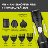 MAXXMEE 4 in1 Rasierer Set mit 4 Trimmaufsätzen & 4 Rasierköpfen schwarz/grün für präzises Bart- und Haarstyling.