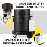 N8WERK Sprüh- und Waschsauger Power Clean mit 15L Schmutzbehälter und 4L Frischwassertank für flexible Nass- und Trockenreinigung.