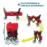 HOBERG faltbarer Bollerwagen mit Dach, platzsparend, einfacher Aufbau, roter Nylonbezug, praktisch für Hobby & Freizeit, robust und kompakt.