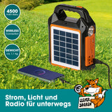EASYmaxx Solar-Generator Kit 4500mAh schwarz/orange mit Solarpanel, Taschenlampe, LED-Leuchten, FM-Radio und USB-Ladefunktion.