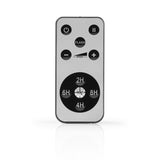 Fernbedienung für W:O:A LED-Motivstrahler mit Logo zur Steuerung von Geschwindigkeit und automatischer Abschaltfunktion.