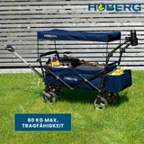 Hoberg Faltbarer Bollerwagen "Premium Class" Marineblau mit UV-Dach, 80 kg Traglast, Getränkehalter und robustem Metallrahmen.