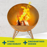 Hoberg Feuerschale in Rost-Patina Ø 58 cm, stabile Feuerschale aus 2 mm Stahl mit Flammeneffekt und sicherem Stand auf drei Beinen.