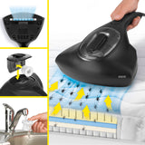 N8WERK Milbensauger Midnight Black Edition reinigt Matratzen mit HEPA-Filter und UV-C-Licht sicher und effektiv ohne Chemie.