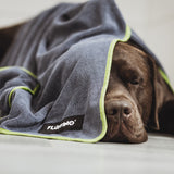 FLUFFINO® Hundehandtuch Mikrofaser – 2er-Pack, grau mit grünem Rand, saugfähig und schnell trocknend, Hund darunter liegend.